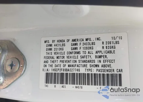2011 Honda Accord 2.4 Ex-L z USA, uszkodzony, nr VIN 1HGCP2F89BA027746